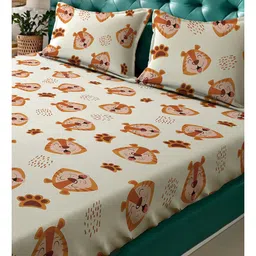 Klotthe Cream Cartoon Characters 400 TC Pure Cotton Fitted Double Bedsheet with 2 Pillow Covers image 3