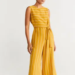 MANGO Women Mustard Yellow & White Striped Layered Culotte Jumpsuit image 1
