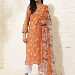 Fabindia Avni Orange Cotton Printed Kurta and Dupatta Set-image-0