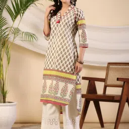 Juniper Women Beige Ethnic Motif Print High Low Cotton Kurta With Kaudis Tassels & Contract Piping image 3