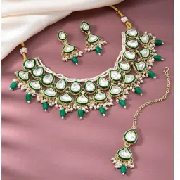 Peora Gold Plated Green Synthetic Stone Choker Necklace Earrings & Maangtikka Set-picture-21