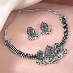 Peora Silver Plated Pink Green Synthetic Stone Oxidized Necklace Earrings Set-picture-35