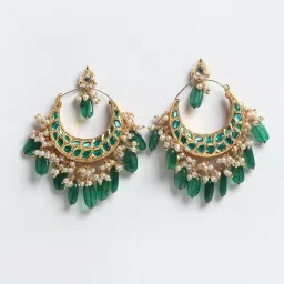 Dugran By Dugristyle Green & White Dangler Earrings with Kundan & Pearls for Women image 3
