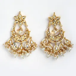 Dugran By Dugristyle Golden & White Dangler Earrings with Kundan & Pearls for Women image 3