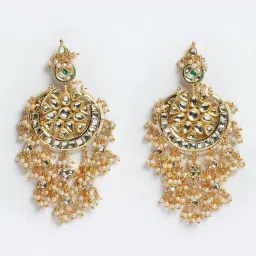 Dugran By Dugristyle Golden & White Dangler Earrings with Kundan & Pearls for Women image 3