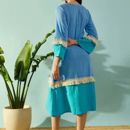 The Kaftan Company Blue Cotton Color-Block Night Dress image 2