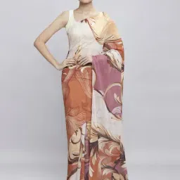 Navyasa Brown Liva Georgette Floral Printed Saree With Coordinated Unstitched Blouse Piece-image-30