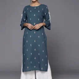 Indo Era Blue Printed Straight Kurta-picture-16
