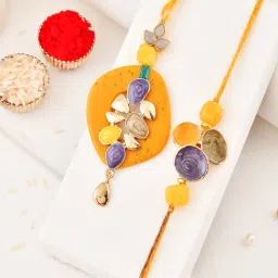 Aapno Rajasthan Yellow Elegant Handpicked Floral Casual Rakhi with Roli Chawal & Greetings Card image 2
