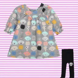 MINIKLUB Kids Grey & Black Printed Dress with Stockings-image-28