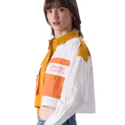 The Souled Store Mustard & White Color-Block Oversized Crop Shirt image 3