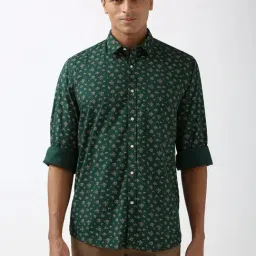 Peter England Green Cotton Slim Fit Printed Shirt-image-98