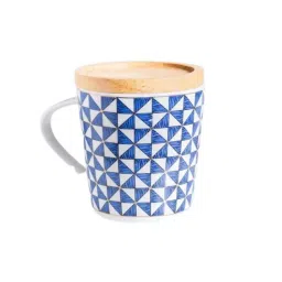Nestasia Eye Catching Triangles in white and blue Printed Ceramic Mug With Wooden Lid (500ml) image 3