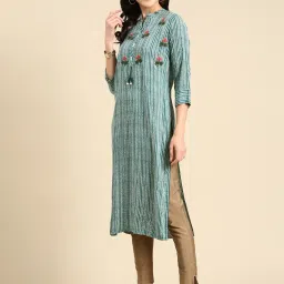 showoffff SHOWOFF Teal & White Cotton Embroidered Kurta image 3