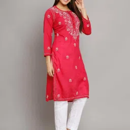 PARAMOUNT CHIKAN Fuchsia Cotton Embroidered Straight Kurta image 3