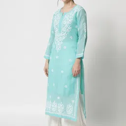 PARAMOUNT CHIKAN Sea Green Embroidered Straight Kurta image 3