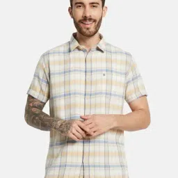 Mettle Mustard Cotton Regular Fit Checks Shirt-image-3