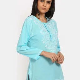 PARAMOUNT CHIKAN Turquoise Cotton Chikankari Straight Kurti image 3