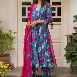 Moda Rapido Floral Printed V-Neck Empire Anarkali Kurta With Trouser And Dupatta image 3