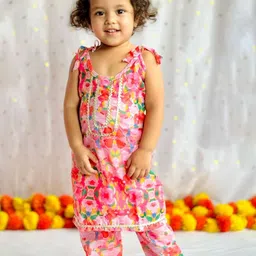 KNITROOT Girls Floral Printed Regular Gotta Patti Kurta with Pyjamas image 4