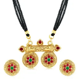 Peora Gold Plated Pink Green Synthetic Stone Mangalsutra with Earrings Set-picture-7
