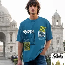 Bewakoof Moroccan Blue Heavy Duty 1.0 Kolkata City Of Joy Graphic Printed Relaxed Fit T-Shirt-image-33