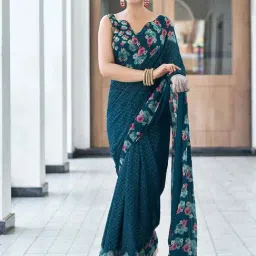 Satrani Rama Blue Floral Print Saree With Unstitched Blouse-picture-15