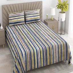Threadwear Beige & Green Striped Pure Cotton 400 TC Super King Bedsheet Set 2.75m x 2.75m-picture-17