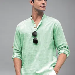 KNOWTED Mandarin Collar Roll-Up Sleeves Straight Short Kurta image 3