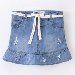 ToffyHouse Cotton Denim Mid Thigh Length Stretchable Skirt With Belt Ballet Shoes Embroidery- Blue-picture-16