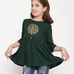 ISHTI Rayon Three Fourth Sleeves Floral Embroidered Peplum Top - Bottle Green-picture-28