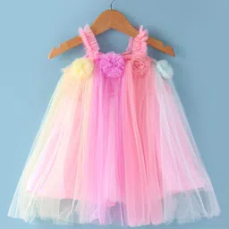 Babyhug Woven Sleeveless Solid Colour A Line Party Frock with Floral Applique - Yellow & Pink-picture-18