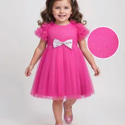 Babyhug Woven Ruffled Sleeves Party Dress With Bow Applique - Fuschia-picture-24