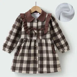 Kookie Kids Full Peasant Sleeves Checkered Winter Jacket with Frill Detailing - Brown-picture-13