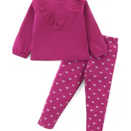 Babyhug Cotton Knit Full Sleeves Mesh Detailed Top With Hearts Printed Lounge Pant - Dark Pink-picture-10