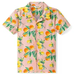 Bonfino Rayon Woven Half Sleeves Lemon Printed Oversized Resort Collar Shirt - Peach-picture-24