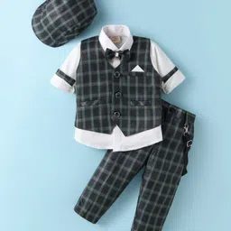 Rikidoos Full Sleeves Solid Shirt With Checked Waistcoat Pant Suspender Cap & Bow Set - Off White & Grey image 1