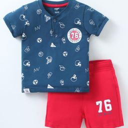 CUCUMBER Cotton Knit Half Sleeves T-Shirt & Shorts Set With Sports Theme Print - Royal Blue & Red-picture-49