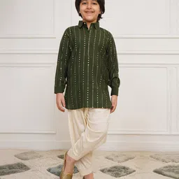 Vastramay Silk Blend Full Sleeves Abstract Foil Printed Kurta & Patiala Set - Bottle Green-picture-20