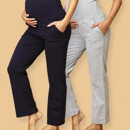 The Mom Store Pack Of 2 Cotton Spandex Solid Maternity Track Pants - Grey & Navy Blue-picture-10