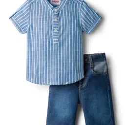 Babyhug Cotton Woven Half Sleeves Mandarin Collar Shirt & Denim Shorts Set With Stripes - Blue image 1