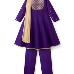 Pine Kids Woven Full Sleeves Kurti & Churidar Set With Floral Embroidery & Dupatta - Purple-picture-23
