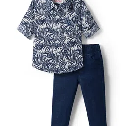 Babyhug Cotton Woven Full Sleeves Shirt and Jeans Set With Leaves Print - Navy Blue & White-image-91