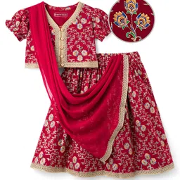 EARTHY TOUCH Single Jersey Knit Half Puffed Sleeves Choli Lehenga Set with Dupatta Floral Glitter Print & Lace Detailing - Maroon-picture-39
