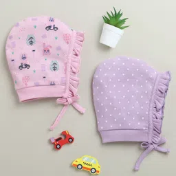 BUMZEE Cotton Knit Pack Of 2 Baby Animals & Polka Dots Printed Bonet Caps - Lilac & Lavender - Circumference 30 Cm-image-30