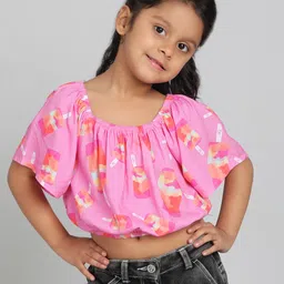 Tales & Stories Viscose Woven Half Sleeves Popsicles Printed Crop Top - Pink-picture-32