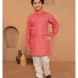 AJ Dezines Cotton Woven Full Sleeves Floral Printed Kurta Pyjama Set - Orange-picture-22