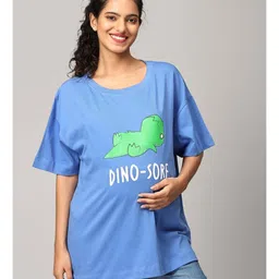 The Mom Store Pack Of 2 Half Sleeves Teddy Bear & Dinosaur Printed Oversized Maternity Tees - Sand & Blue image 3