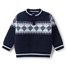 Babyhug Cotton Knit Full Sleeves Pullover Sweater Set with Cap & Aztec Design - Navy Blue image 2
