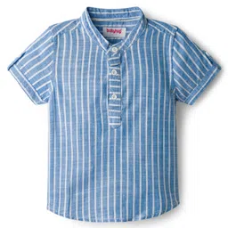 Babyhug Cotton Woven Half Sleeves Mandarin Collar Shirt & Denim Shorts Set With Stripes - Blue image 2